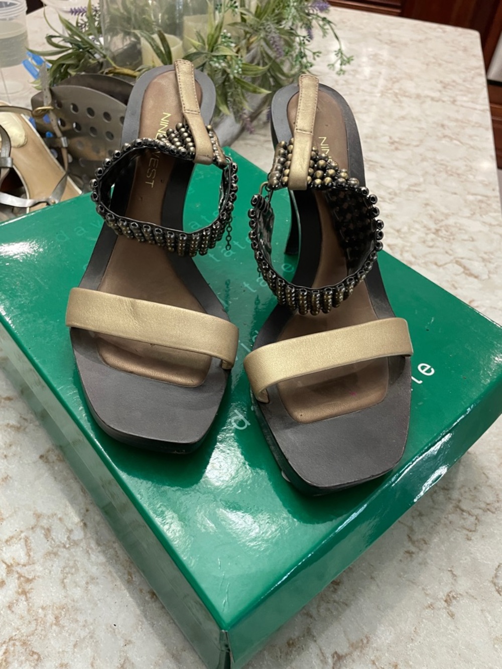 Nine West Gold and Black Beaded Ankle-Strap Heels